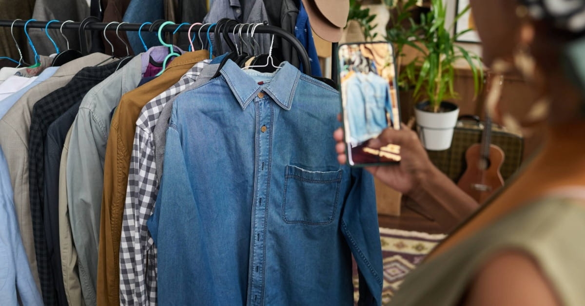 Mulher fotografa roupas em arara representando como montar um brechó online