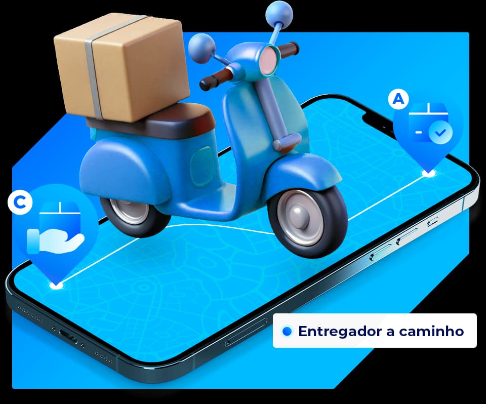  Uma ilustração mostra uma moto azul com uma caixa na parte traseira, posicionada sobre a tela de um smartphone que exibe um mapa de rotas. Ícones de localização com símbolos de coleta e entrega indicam o trajeto do pedido. No canto inferior direito, há um aviso com o texto "Entregador a caminho".