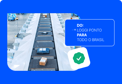 Interface do serviço de entrega da Loggi exibindo uma opção recomendada de envio nacional com coleta. O preço é de R$ 5,59, com previsão de chegada para o dia seguinte. A imagem ao lado mostra uma mulher sorrindo enquanto recebe um pacote de um entregador. O fundo do design é azul vibrante, destacando as informações principais.