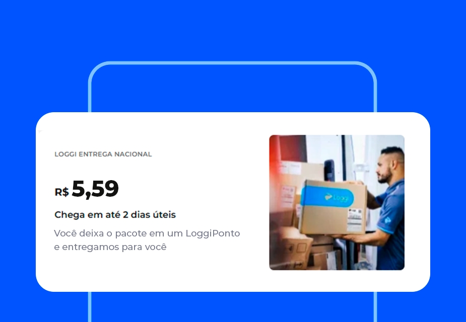 Interface do serviço de entrega da Loggi exibindo uma opção recomendada de envio nacional com coleta. O preço é de R$ 5,59, com previsão de chegada para o dia seguinte. A imagem ao lado mostra uma mulher sorrindo enquanto recebe um pacote de um entregador. O fundo do design é azul vibrante, destacando as informações principais.